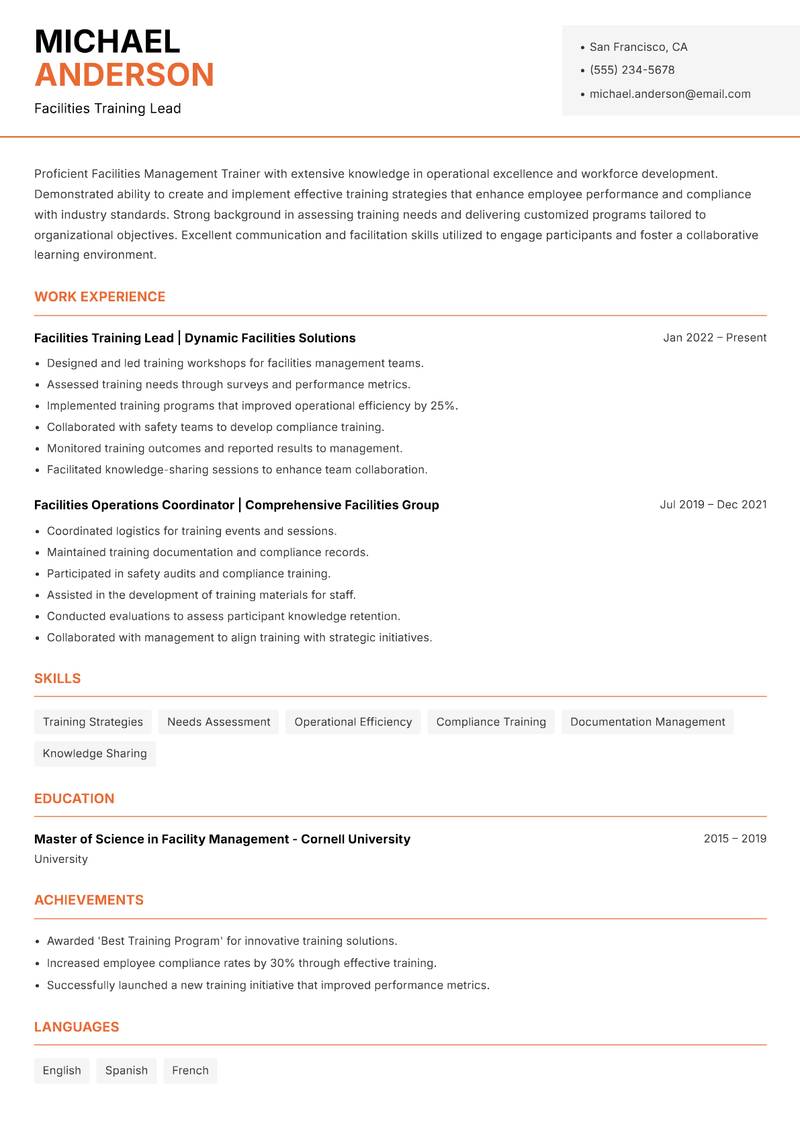 Facilities Management Trainer resume sample — Facilities Training Lead focus