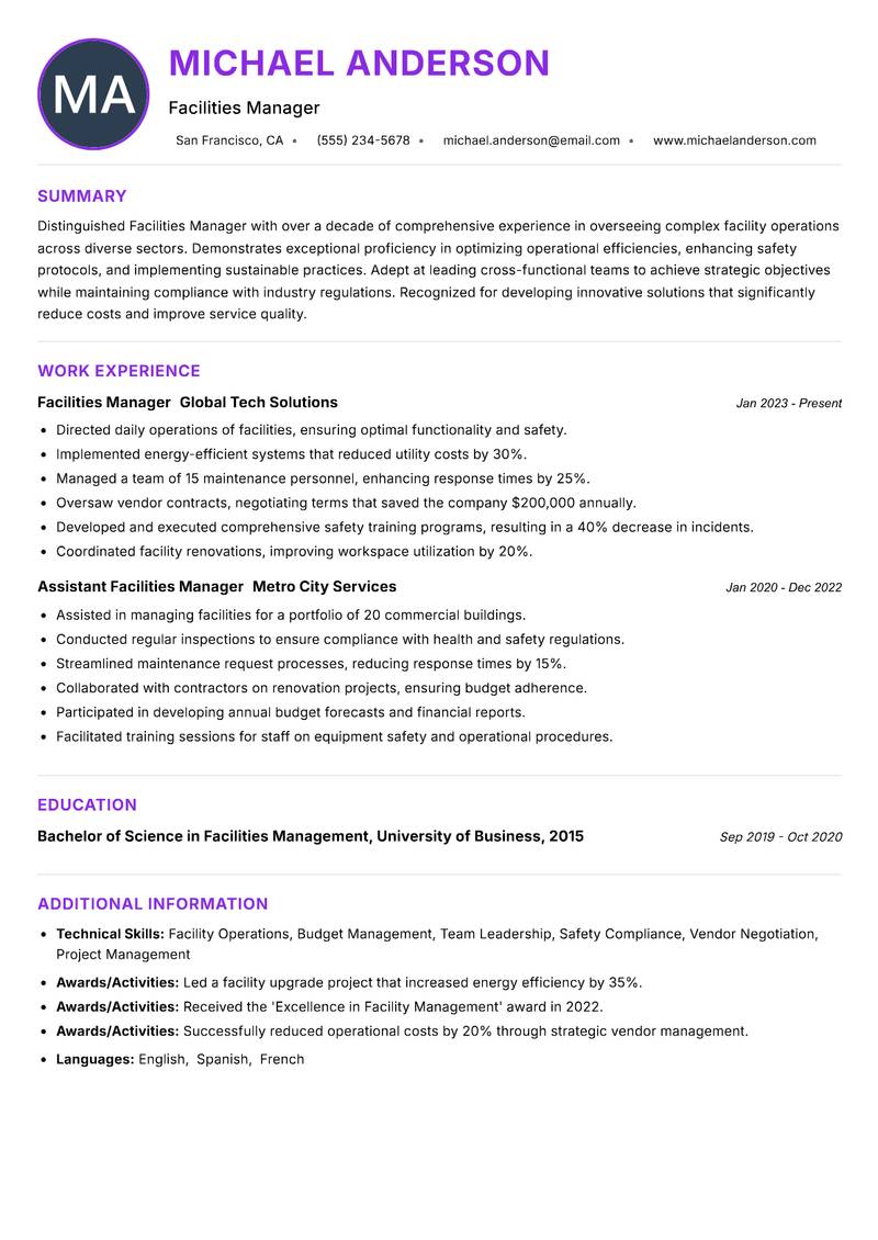 Facilities Manager resume example