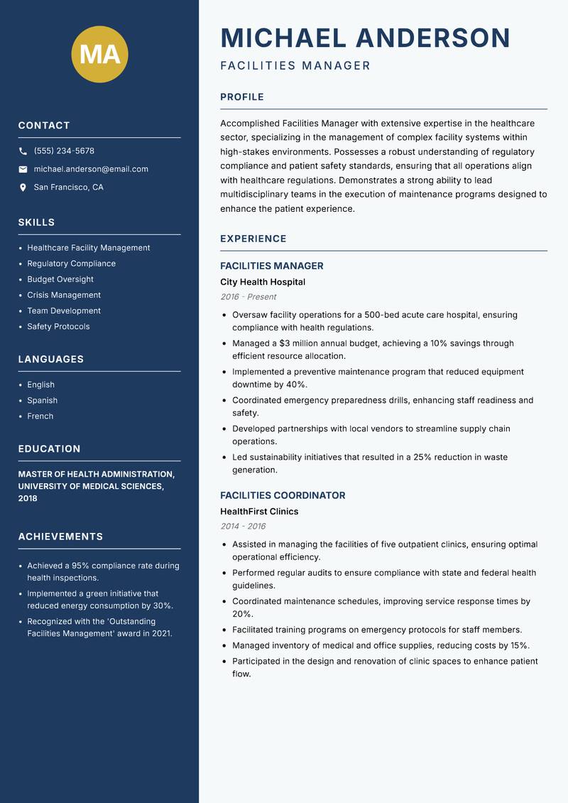 Facilities Manager resume sample — Facilities Manager focus