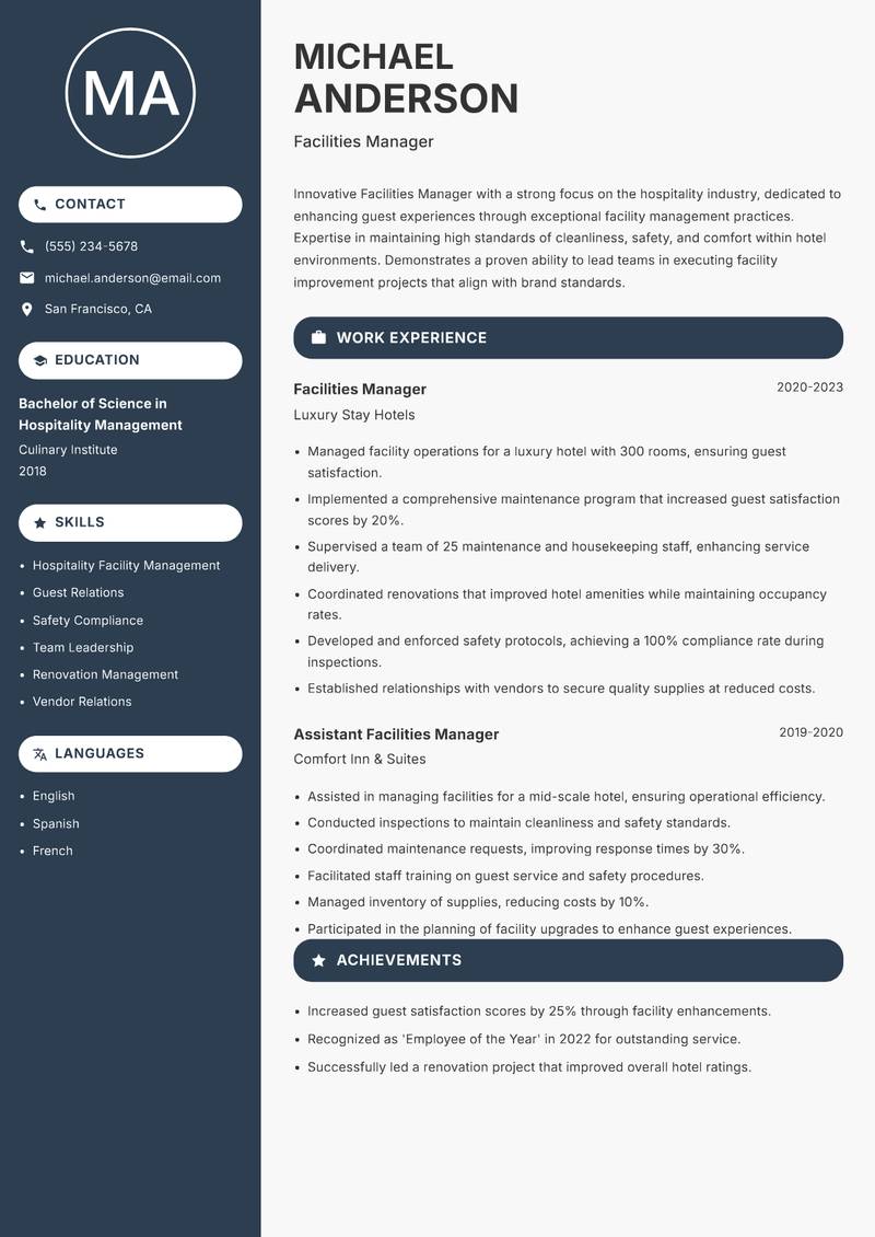 Facilities Manager resume sample — Facilities Manager focus