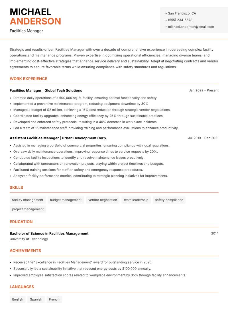 Facilities Manager resume sample — Facilities Manager focus