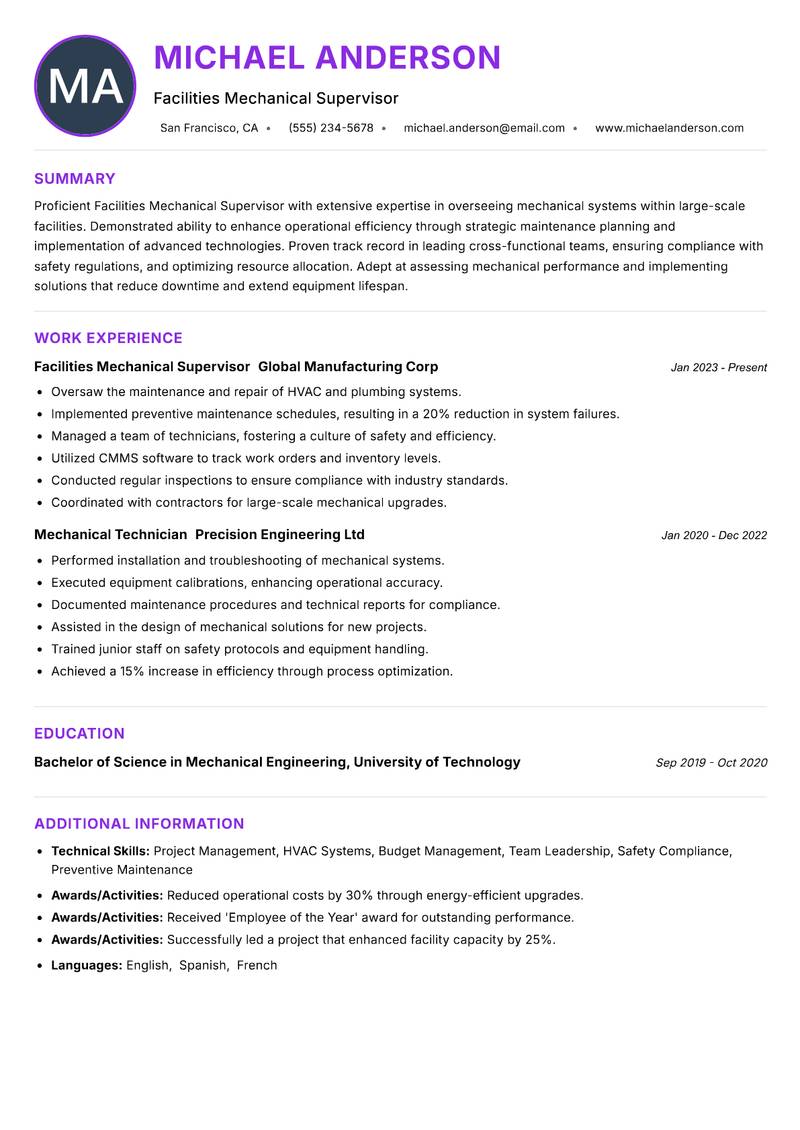 Facilities Mechanical Supervisor resume example