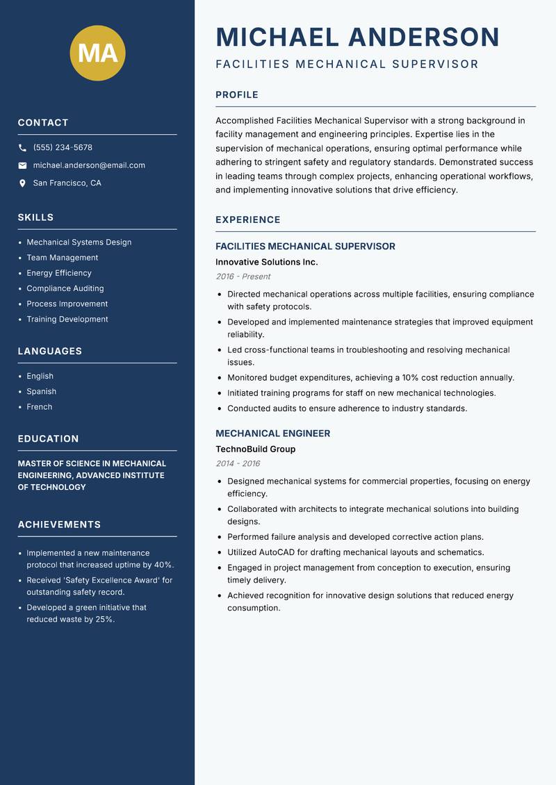 Facilities Mechanical Supervisor resume sample — Facilities Mechanical Supervisor focus