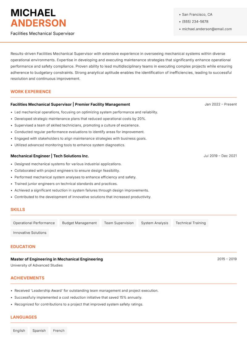 Facilities Mechanical Supervisor resume sample — Facilities Mechanical Supervisor focus
