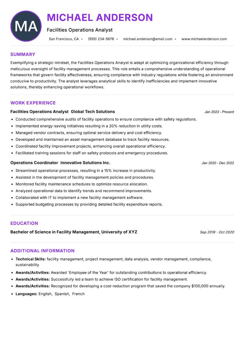Facilities Operations Analyst resume example