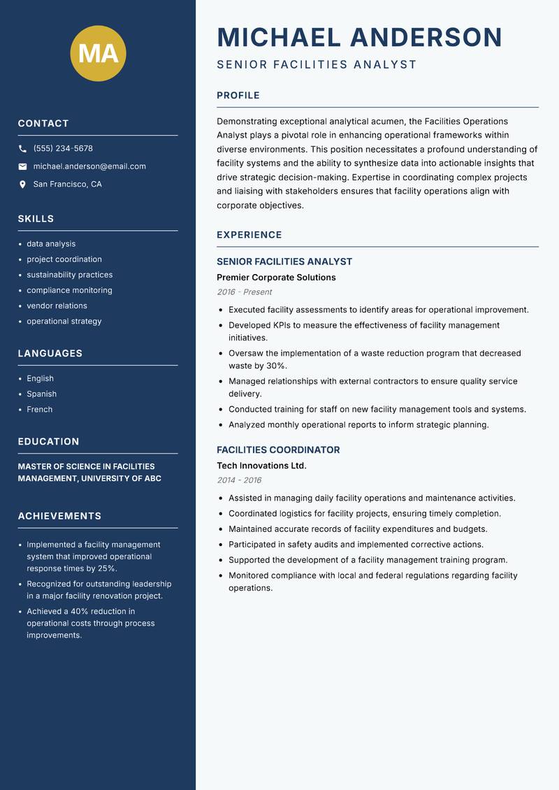 Facilities Operations Analyst resume sample — Senior Facilities Analyst focus