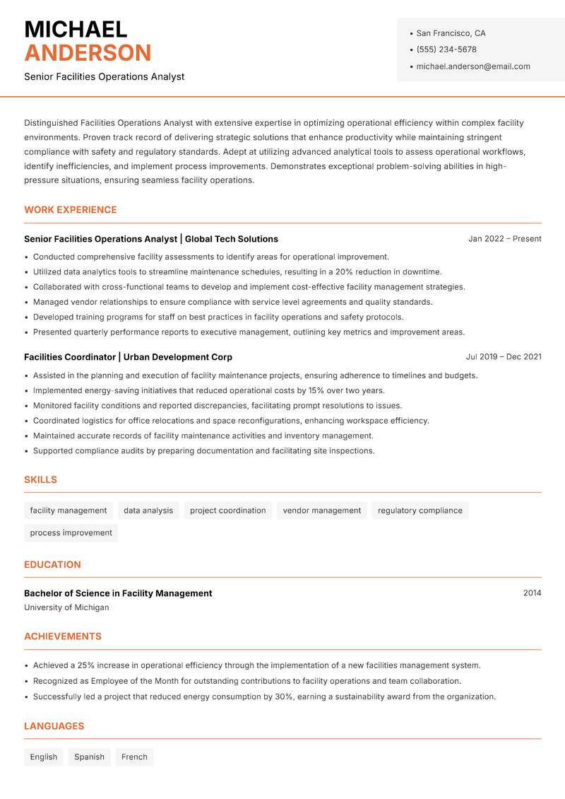 Facilities Operations Analyst resume sample — Senior Facilities Operations Analyst focus