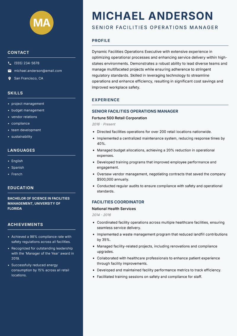 Facilities Operations Executive resume sample — Senior Facilities Operations Manager focus