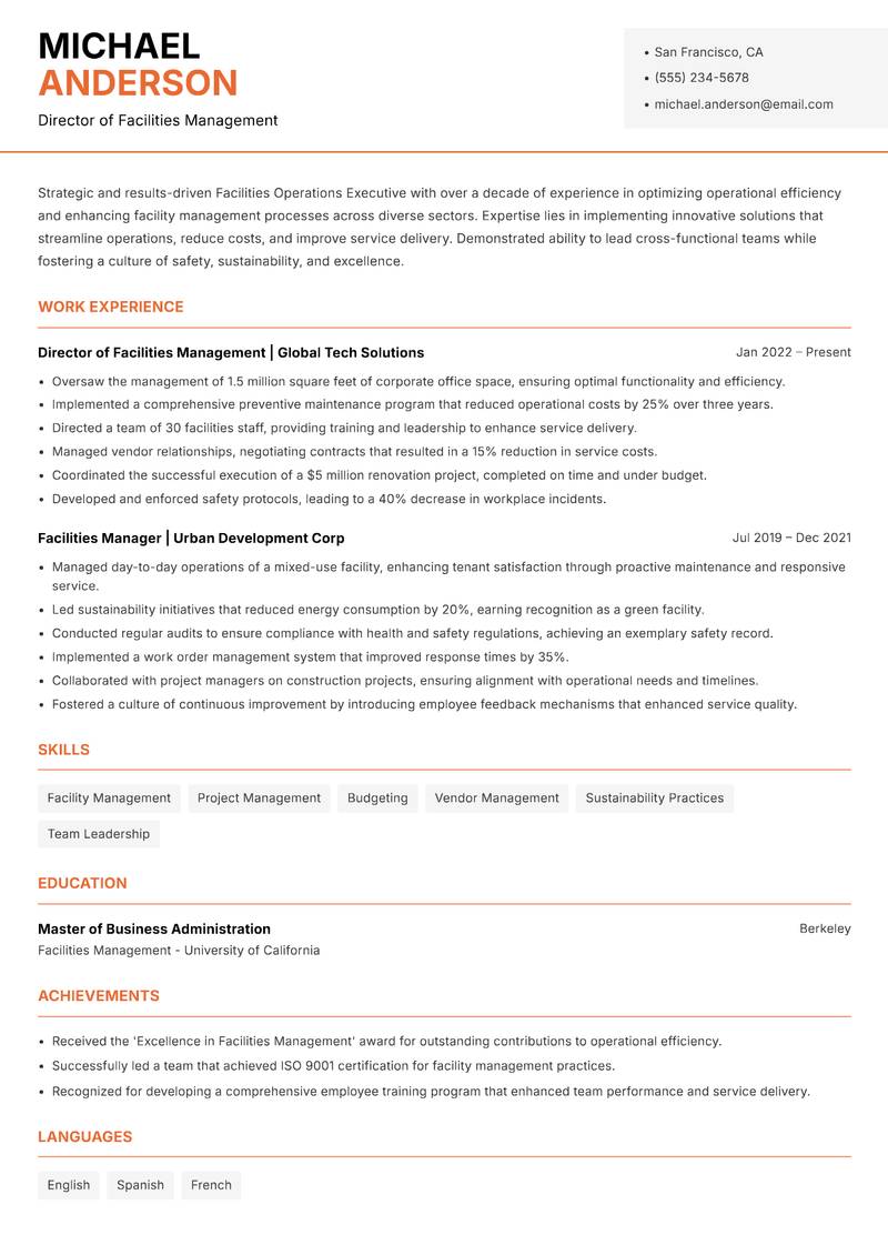 Facilities Operations Executive resume sample — Director of Facilities Management focus