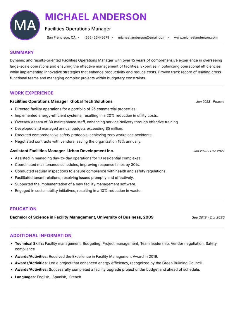 Facilities Operations Manager resume example