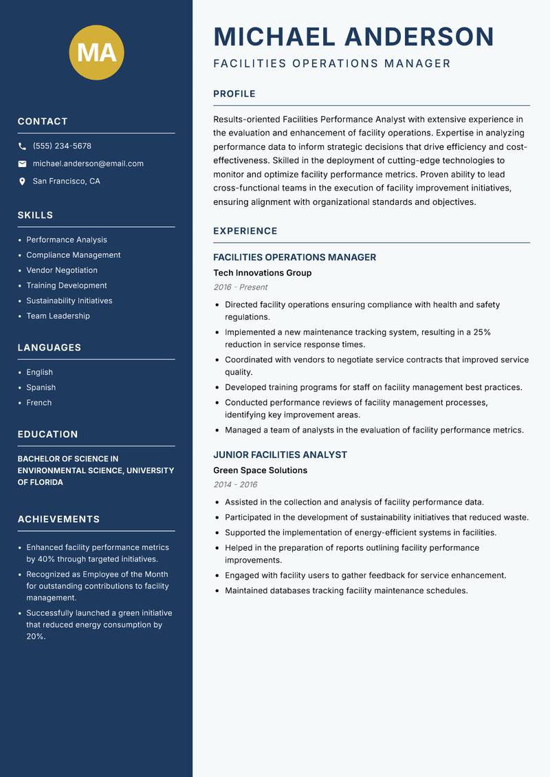 Facilities Performance Analyst resume sample — Facilities Operations Manager focus