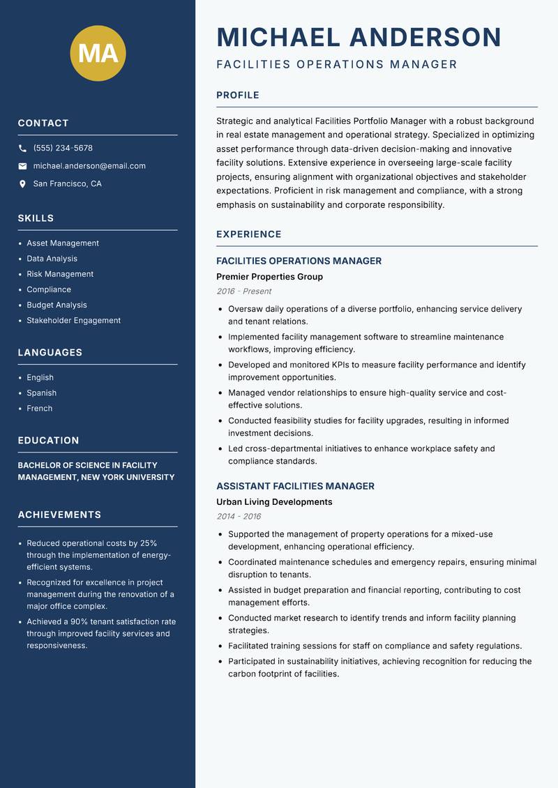 Facilities Portfolio Manager resume sample — Facilities Operations Manager focus
