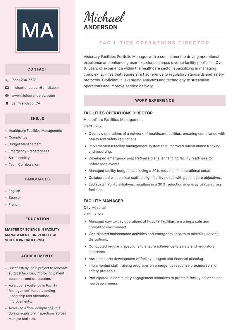 Facilities Portfolio Manager resume sample — Facilities Operations Director focus