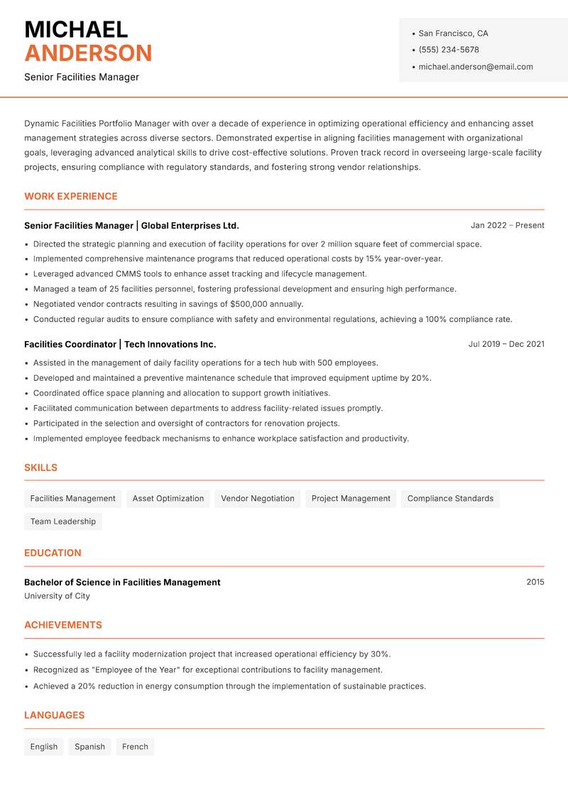 Facilities Portfolio Manager resume sample — Senior Facilities Manager focus