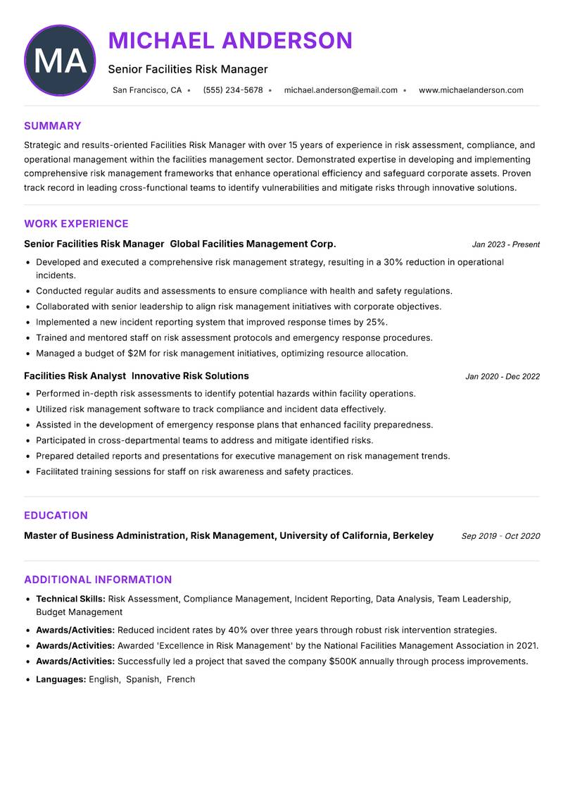 Facilities Risk Manager resume example