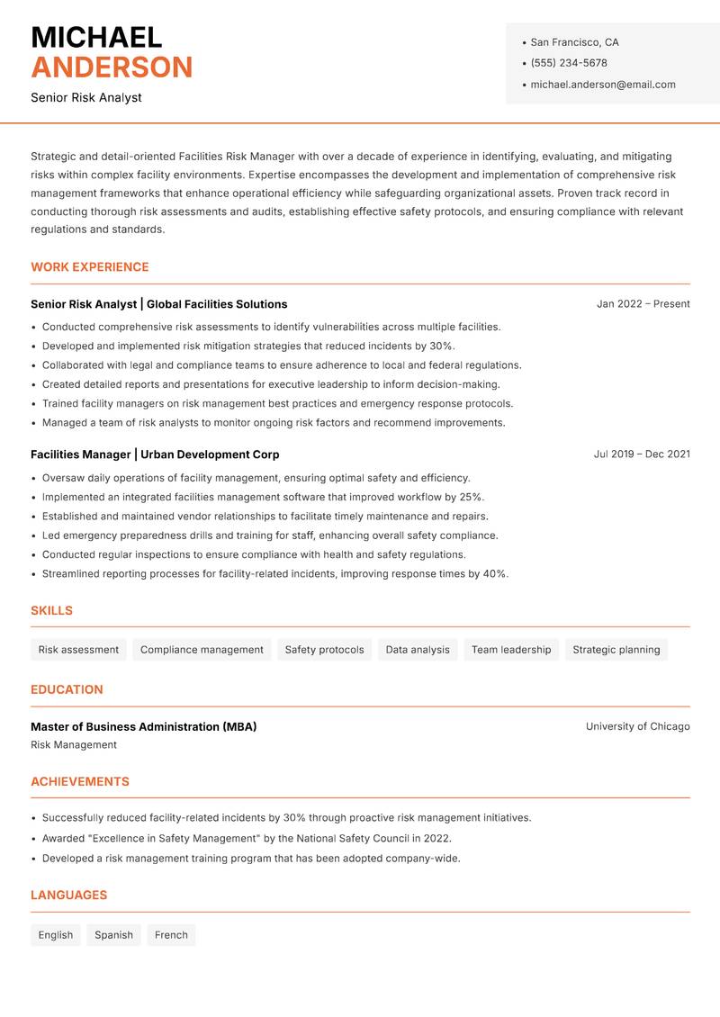 Facilities Risk Manager resume sample — Senior Risk Analyst focus