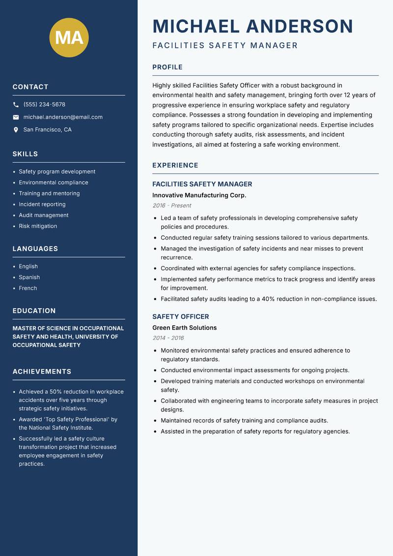 Facilities Safety Officer resume sample — Facilities Safety Manager focus