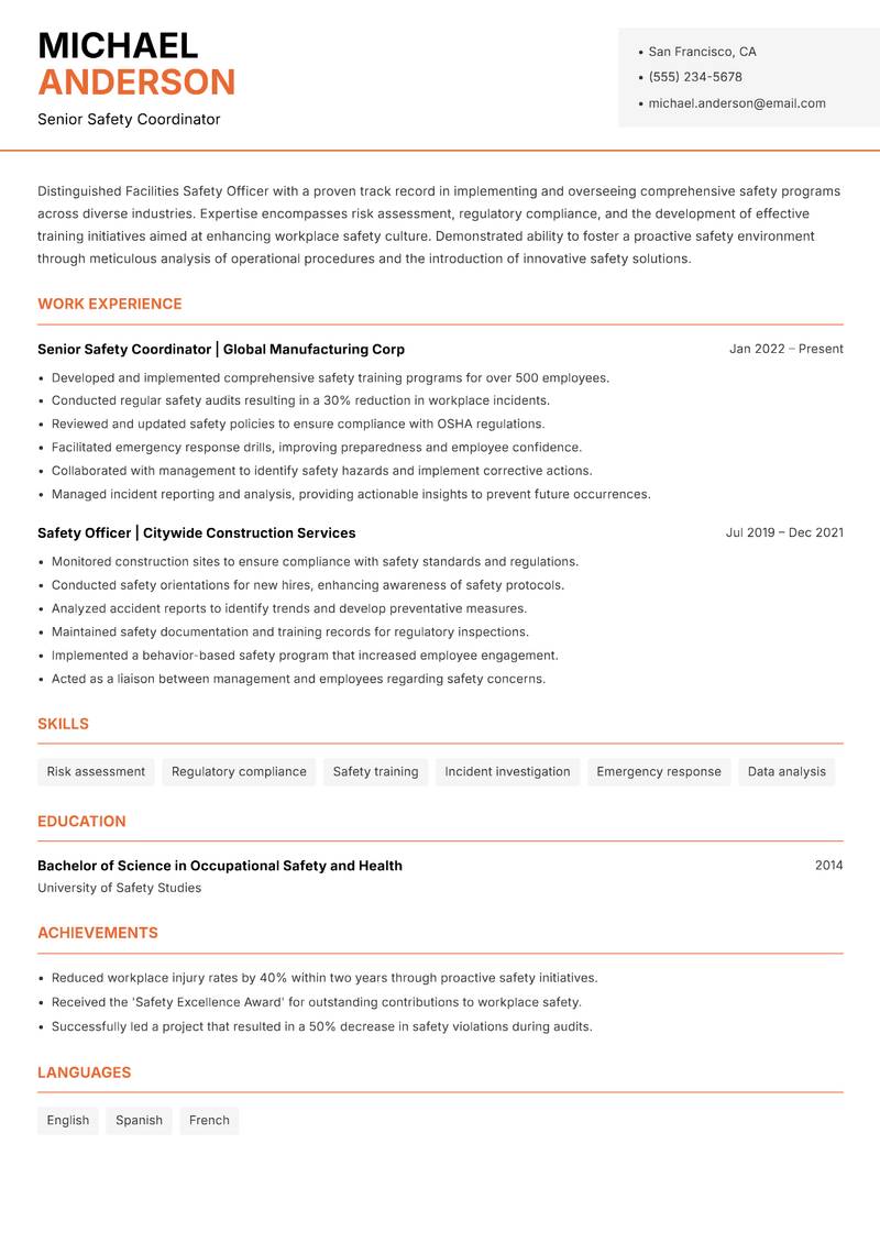 Facilities Safety Officer resume sample — Senior Safety Coordinator focus