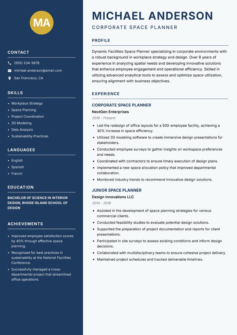 Facilities Space Planner resume sample — Corporate Space Planner focus
