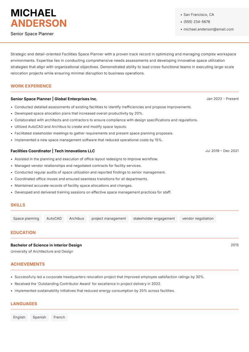 Facilities Space Planner resume sample — Senior Space Planner focus