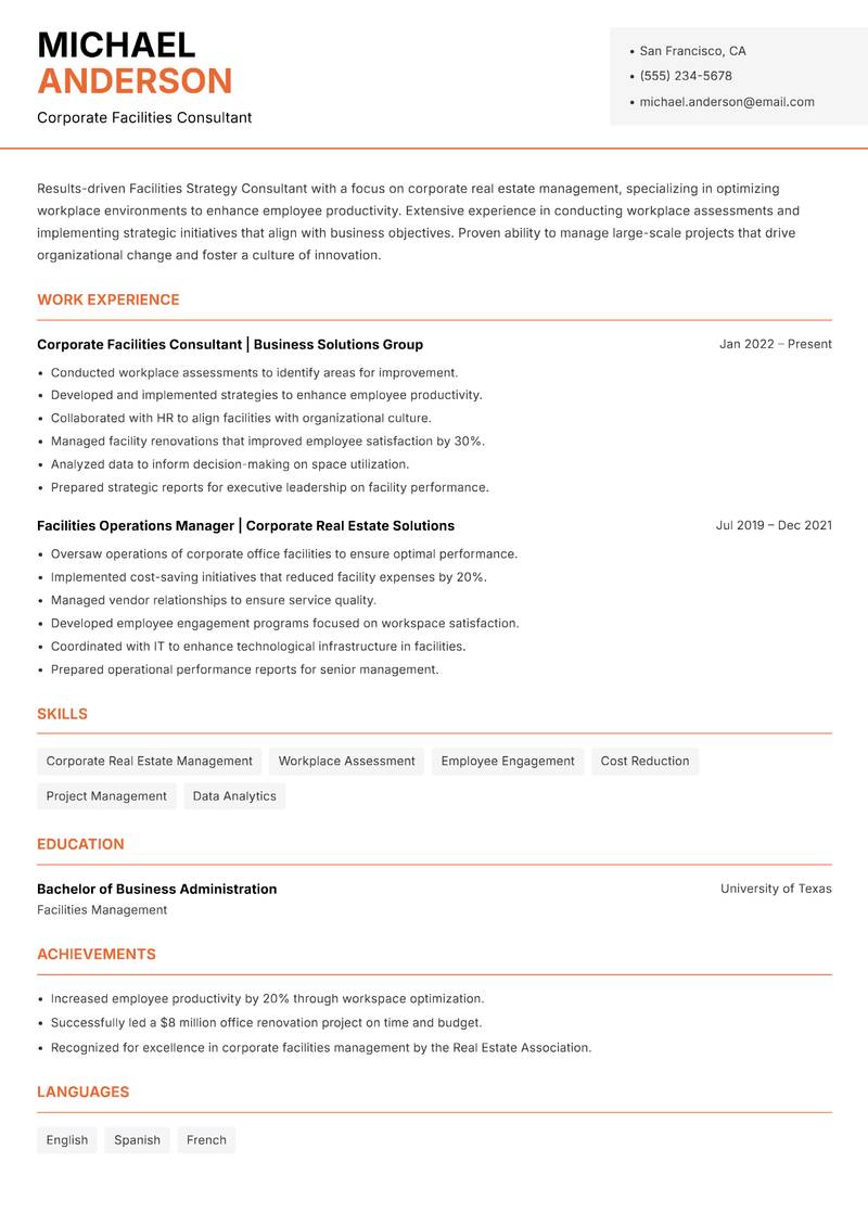 Facilities Strategy Consultant resume sample — Corporate Facilities Consultant focus