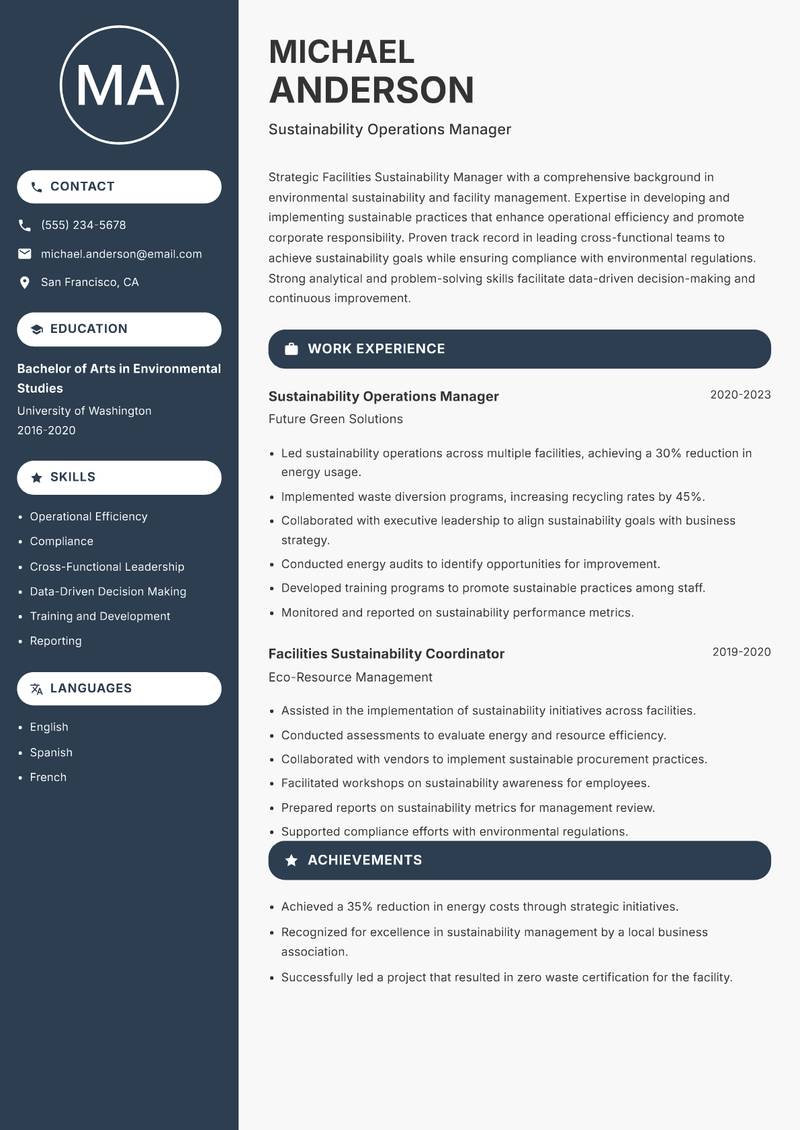 Facilities Sustainability Manager resume sample — Sustainability Operations Manager focus