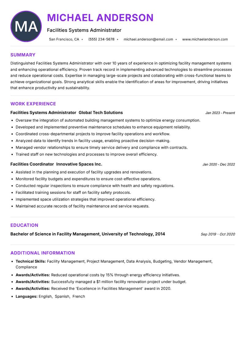 Facilities Systems Administrator resume example