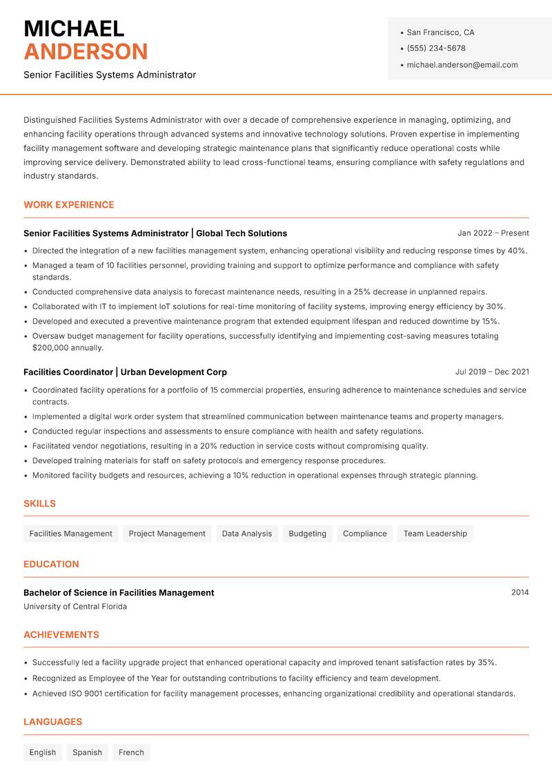 Facilities Systems Administrator resume sample — Senior Facilities Systems Administrator focus
