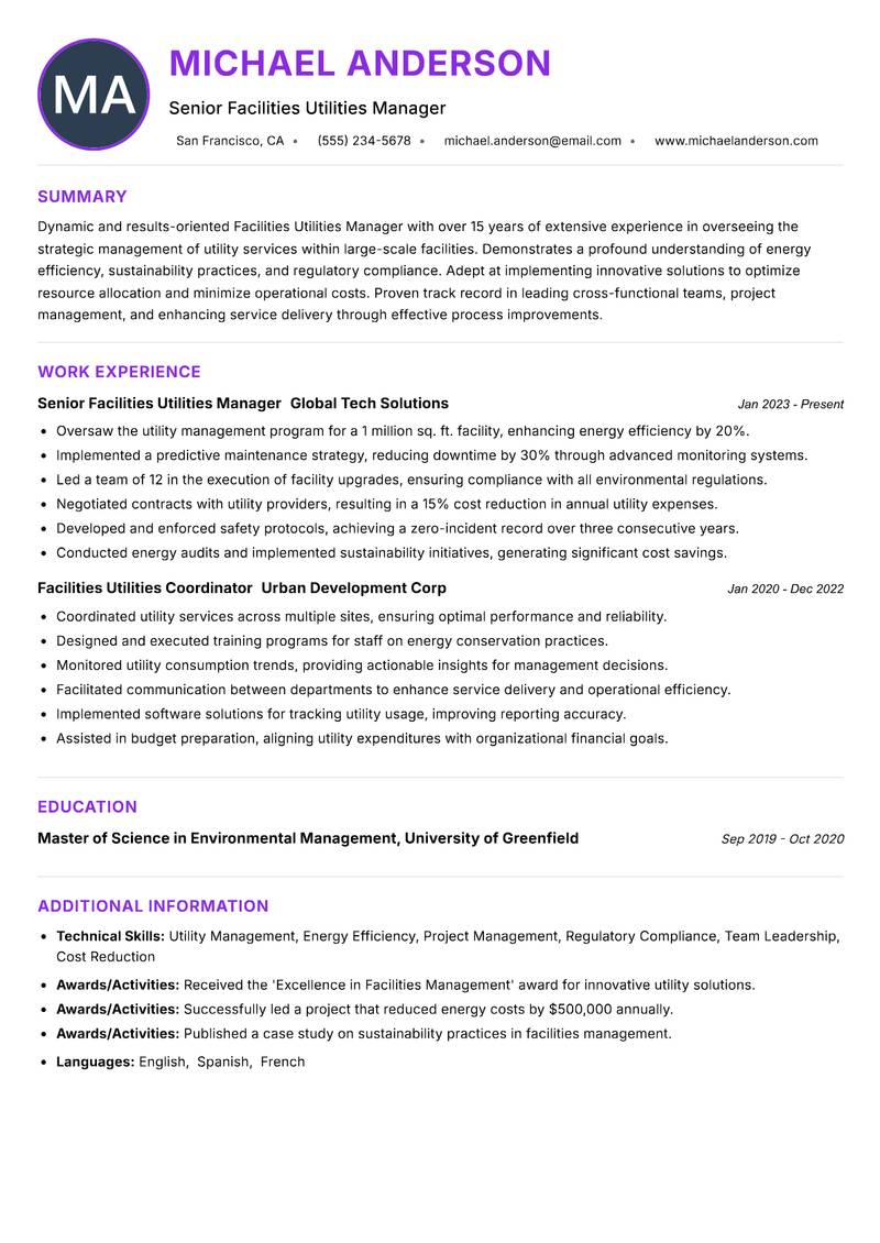 Facilities Utilities Manager resume example