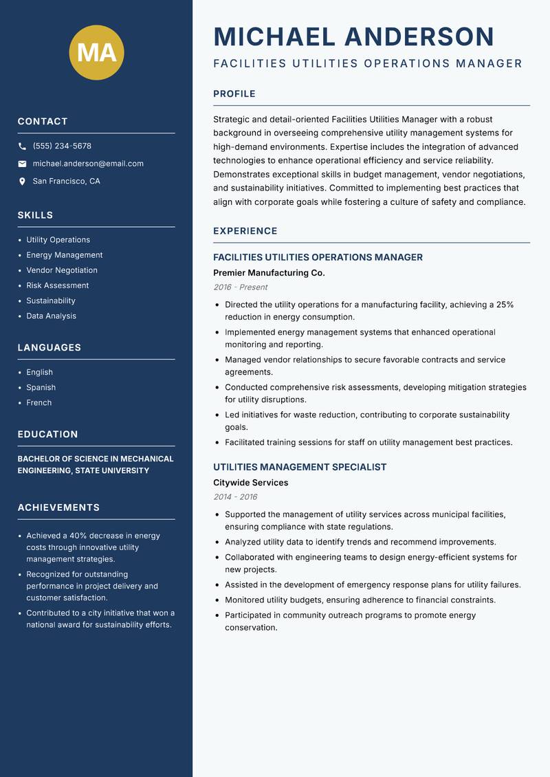 Facilities Utilities Manager resume sample — Facilities Utilities Operations Manager focus
