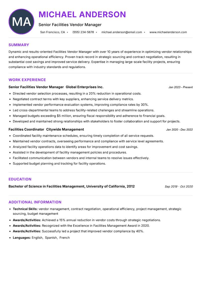 Facilities Vendor Manager resume example