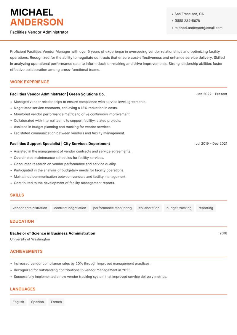 Facilities Vendor Manager resume sample — Facilities Vendor Administrator focus