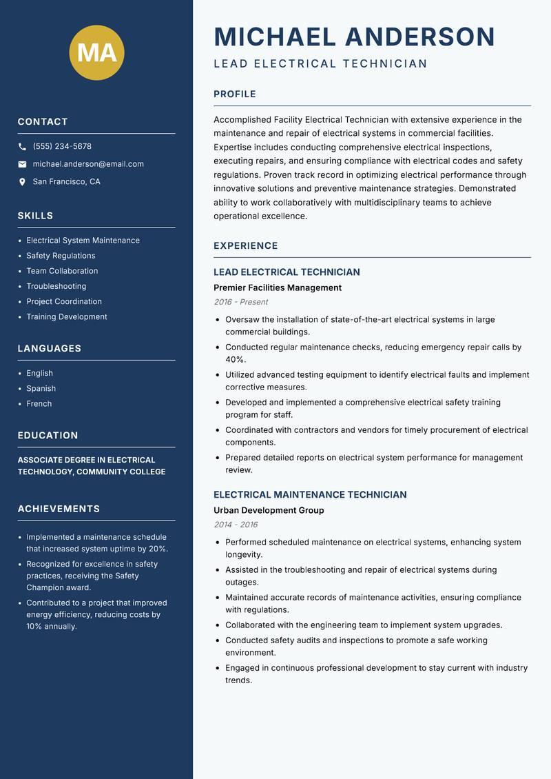 Facility Electrical Technician resume sample — Lead Electrical Technician focus