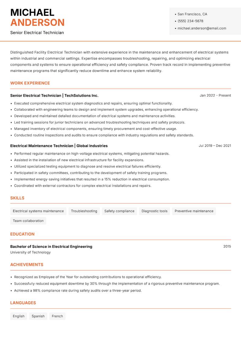 Facility Electrical Technician resume sample — Senior Electrical Technician focus