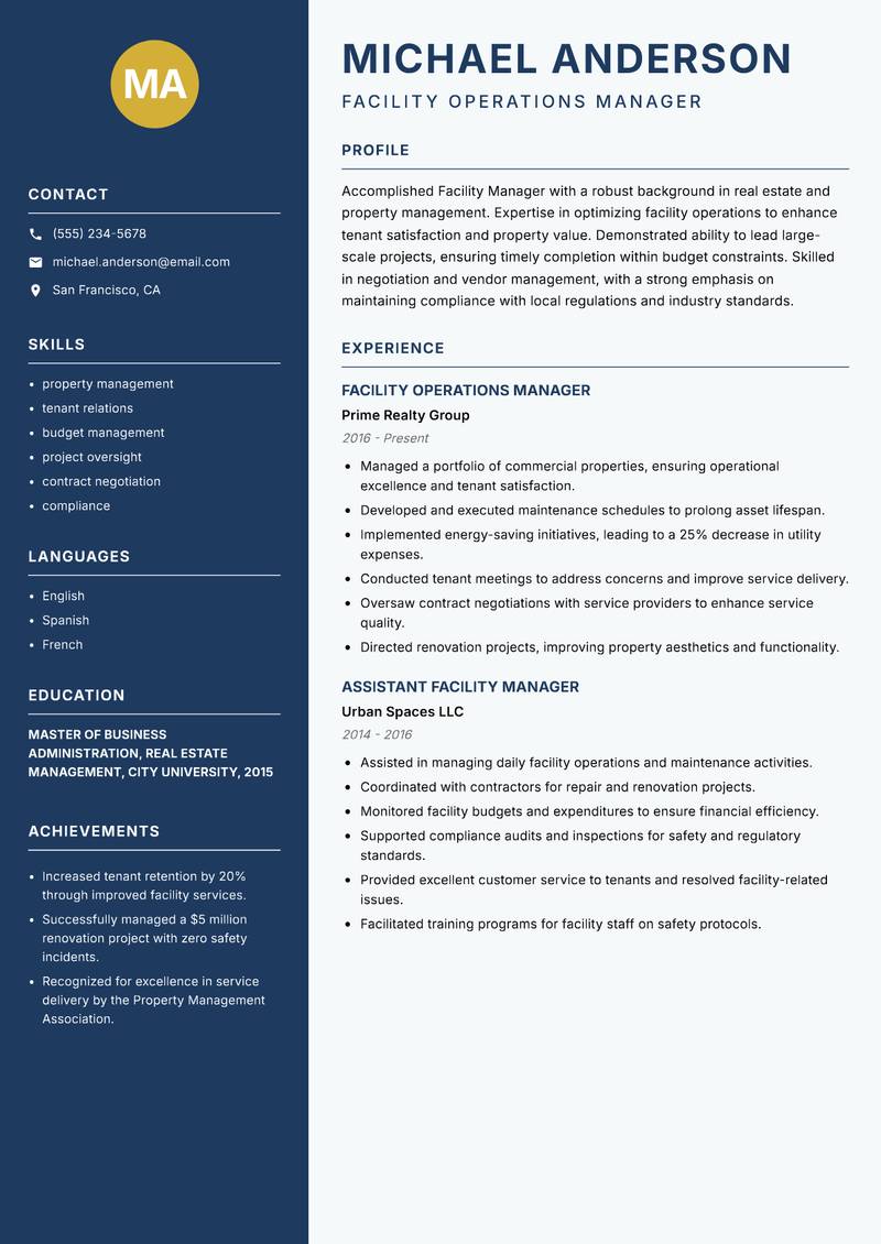 Facility Manager resume sample — Facility Operations Manager focus