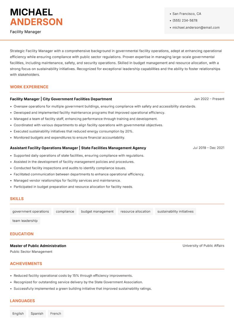 Facility Manager resume sample — Facility Manager focus