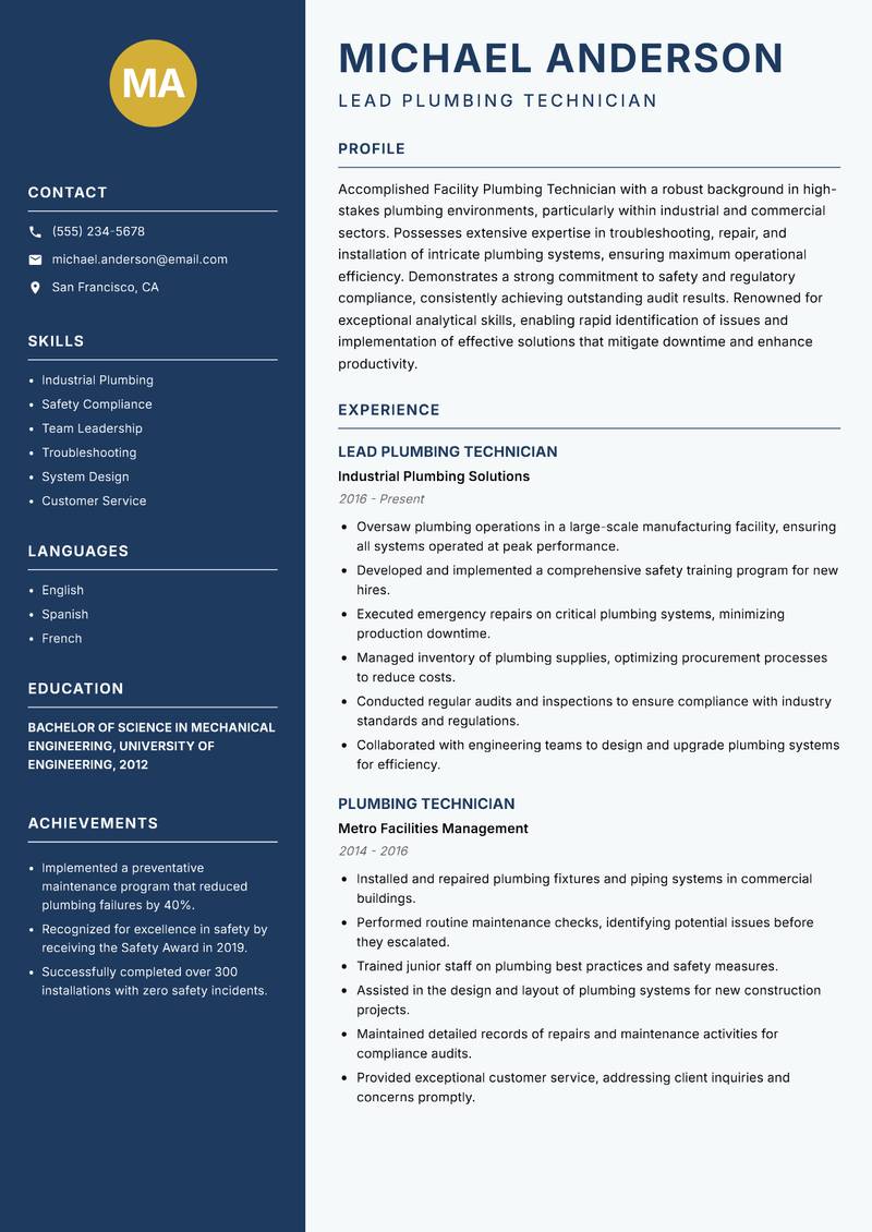 Facility Plumbing Technician resume sample — Lead Plumbing Technician focus