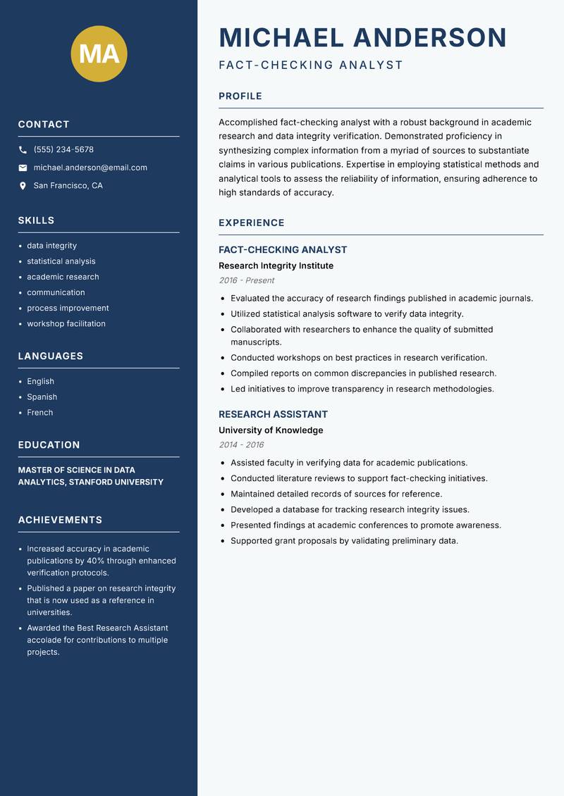 Fact Checker resume sample — Fact-Checking Analyst focus