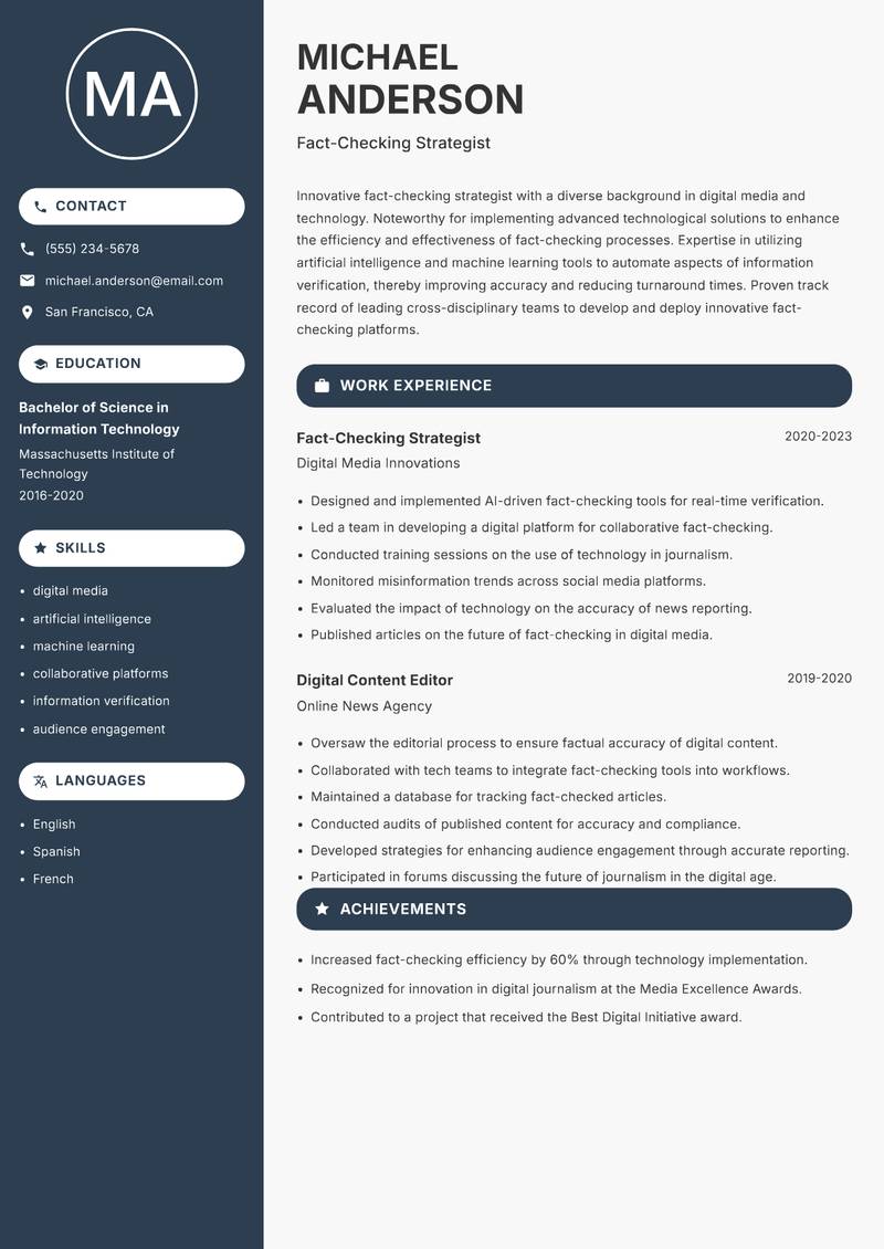 Fact Checker resume sample — Fact-Checking Strategist focus