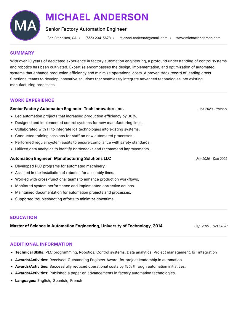 Factory Automation Engineer resume example