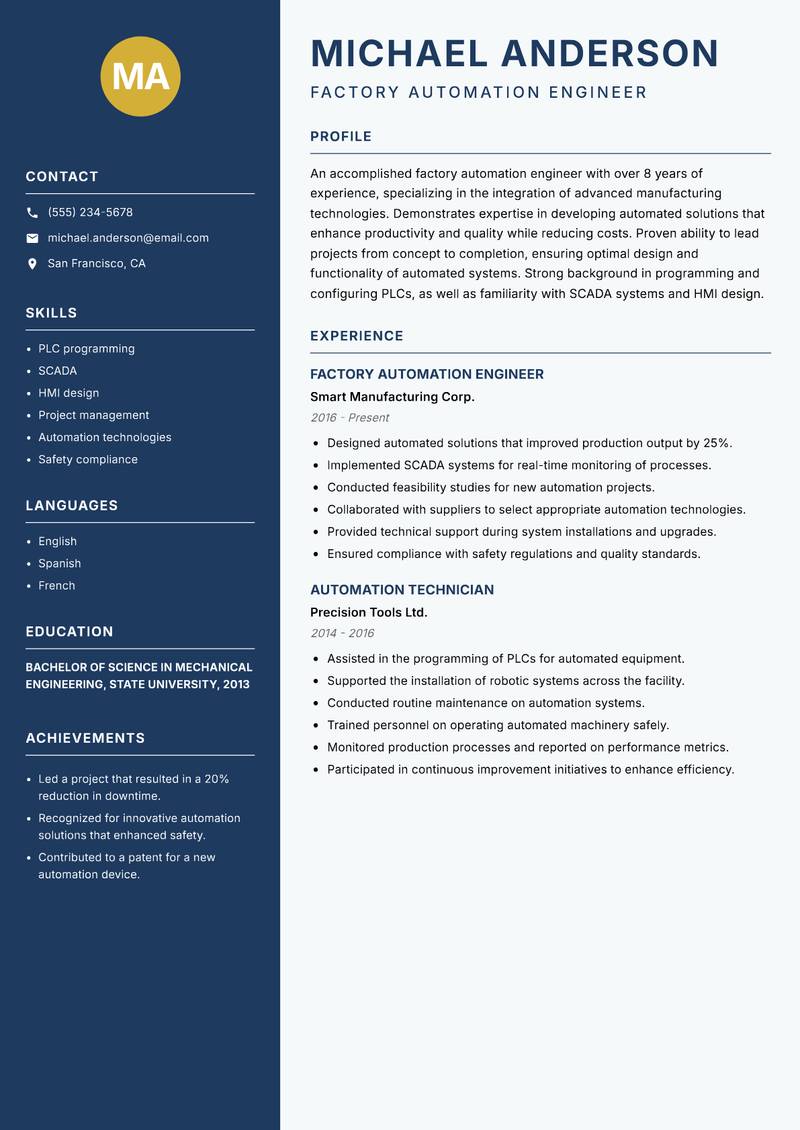 Factory Automation Engineer resume sample — Factory Automation Engineer focus