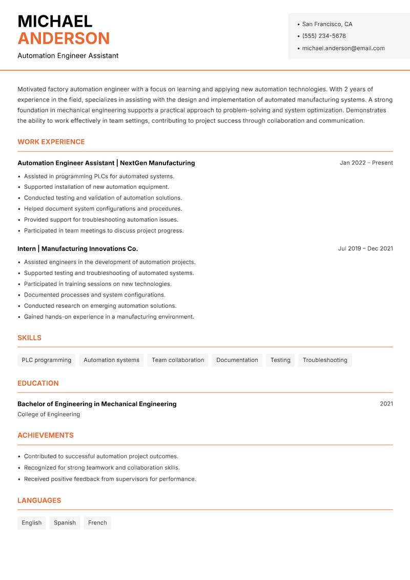 Factory Automation Engineer resume sample — Automation Engineer Assistant focus