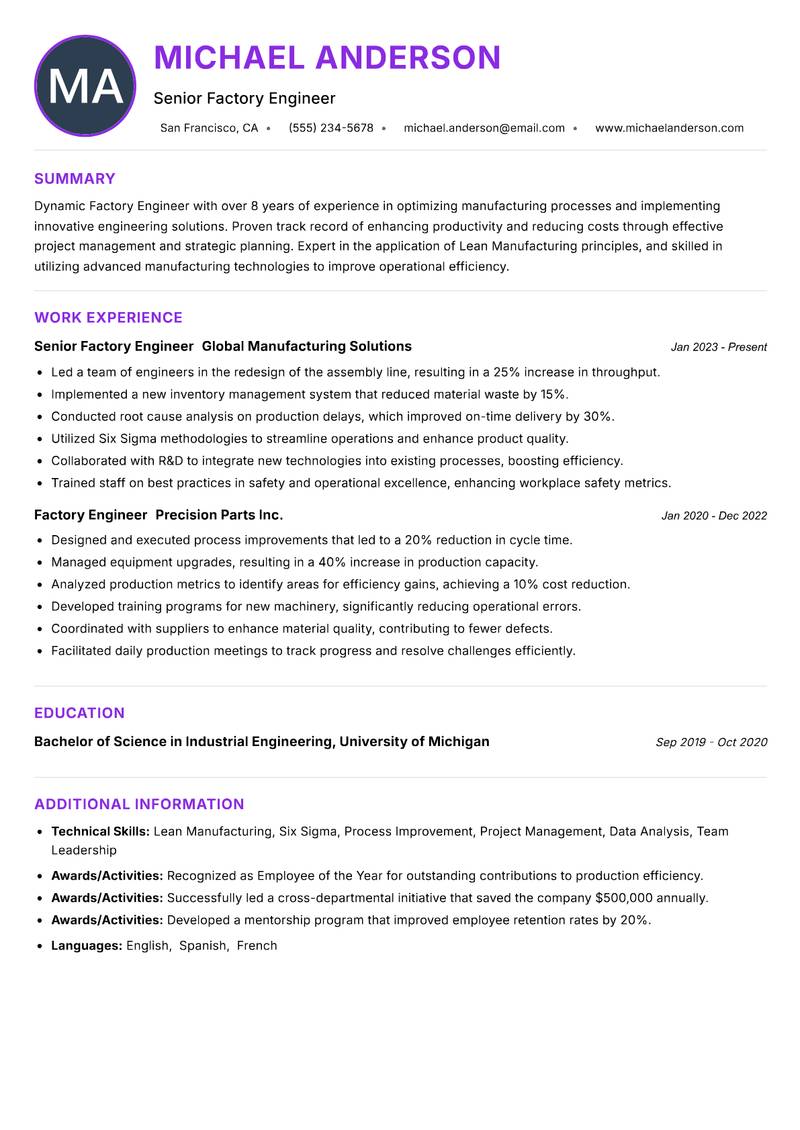 Factory Engineer resume example
