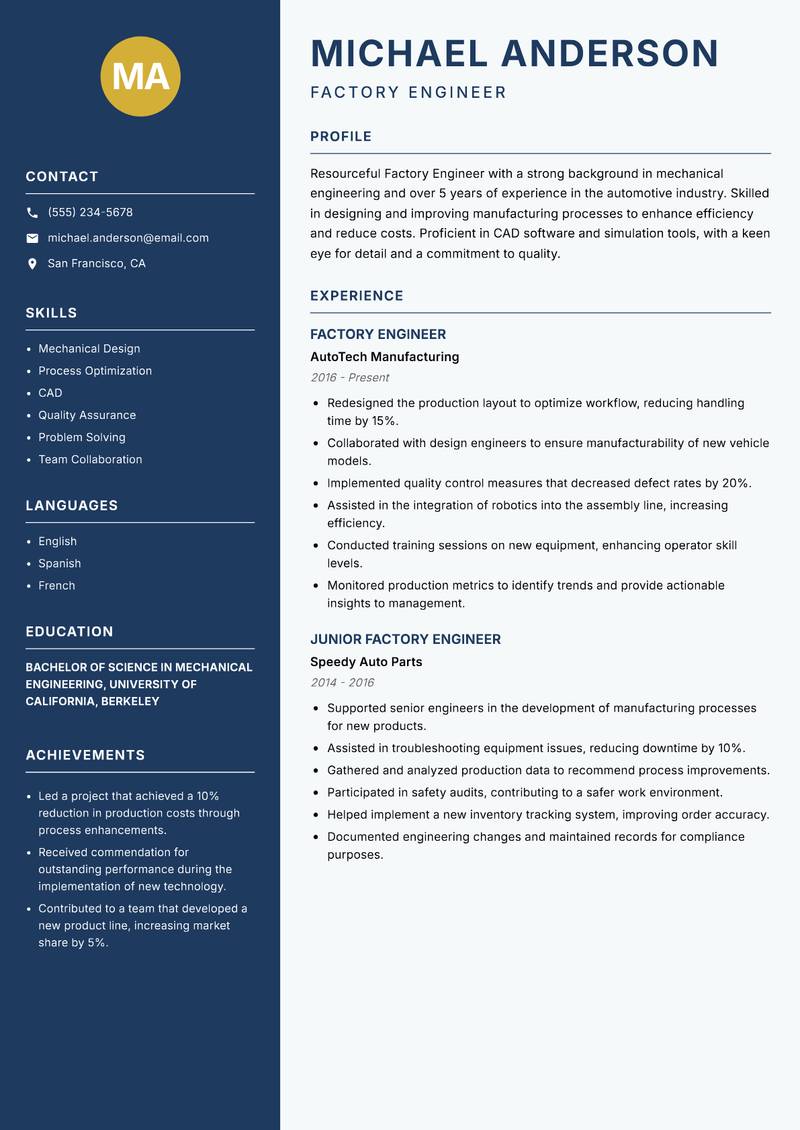 Factory Engineer resume sample — Factory Engineer focus