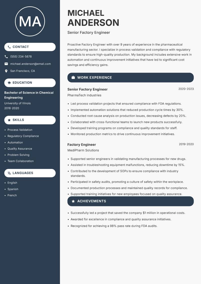Factory Engineer resume sample — Senior Factory Engineer focus