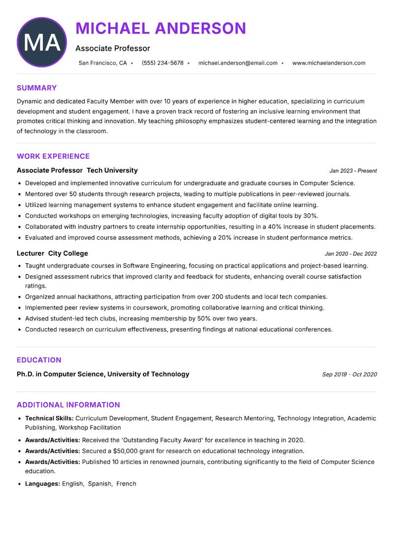 Faculty Member resume example