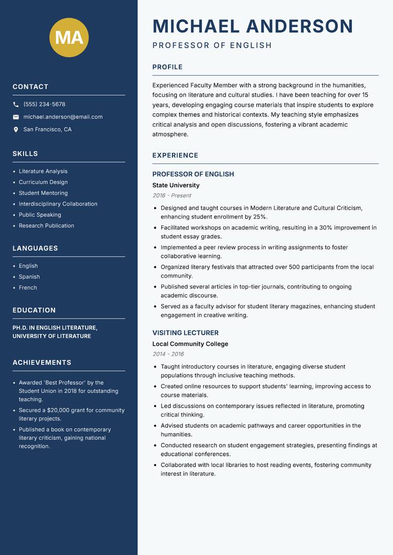 Faculty Member resume sample — Professor of English focus