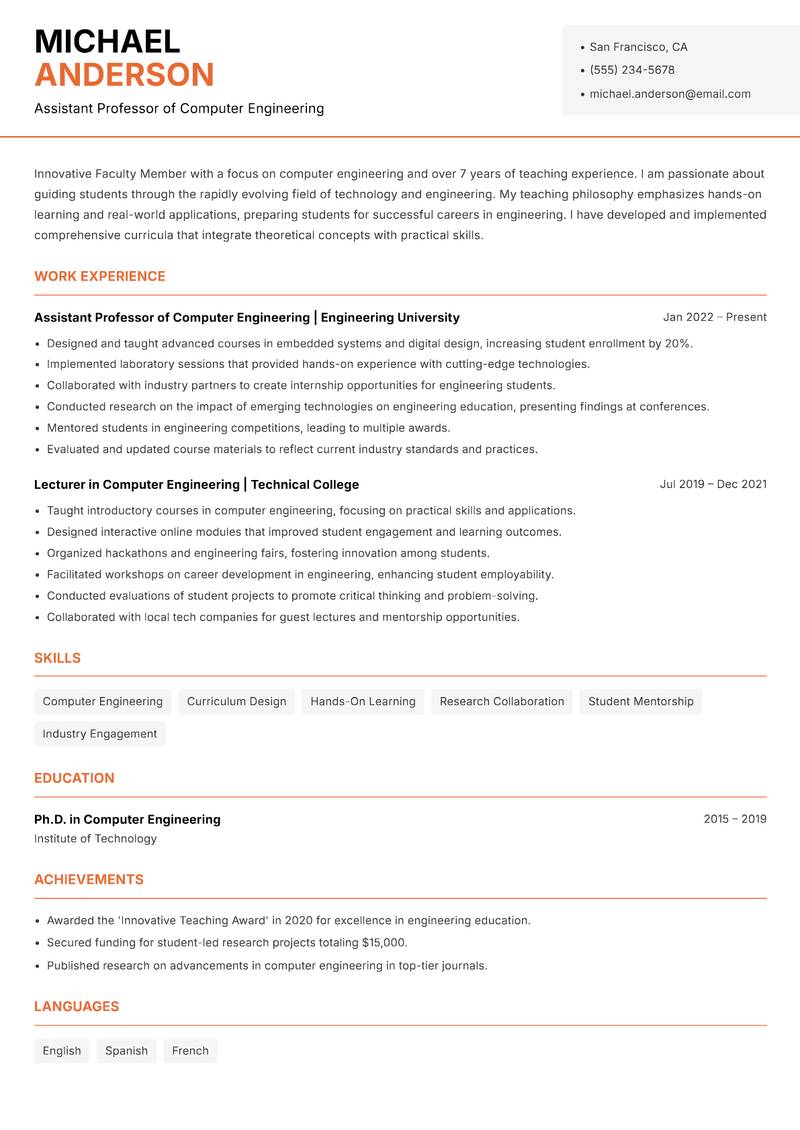 Faculty Member resume sample — Assistant Professor of Computer Engineering focus