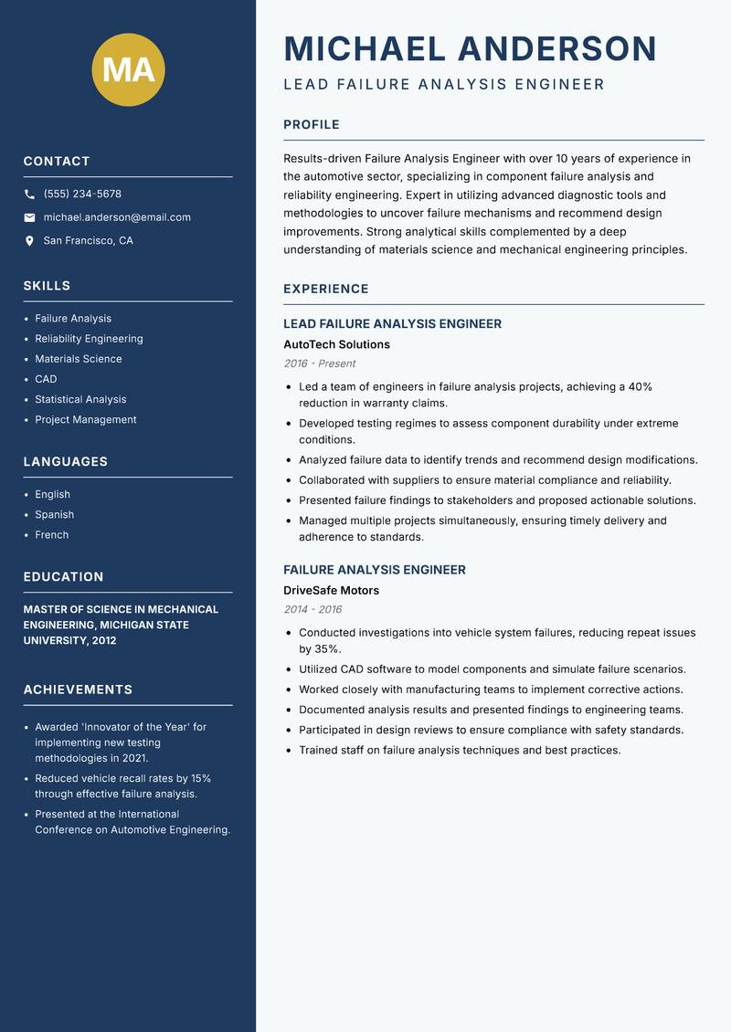 Failure Analysis Engineer resume sample — Lead Failure Analysis Engineer focus