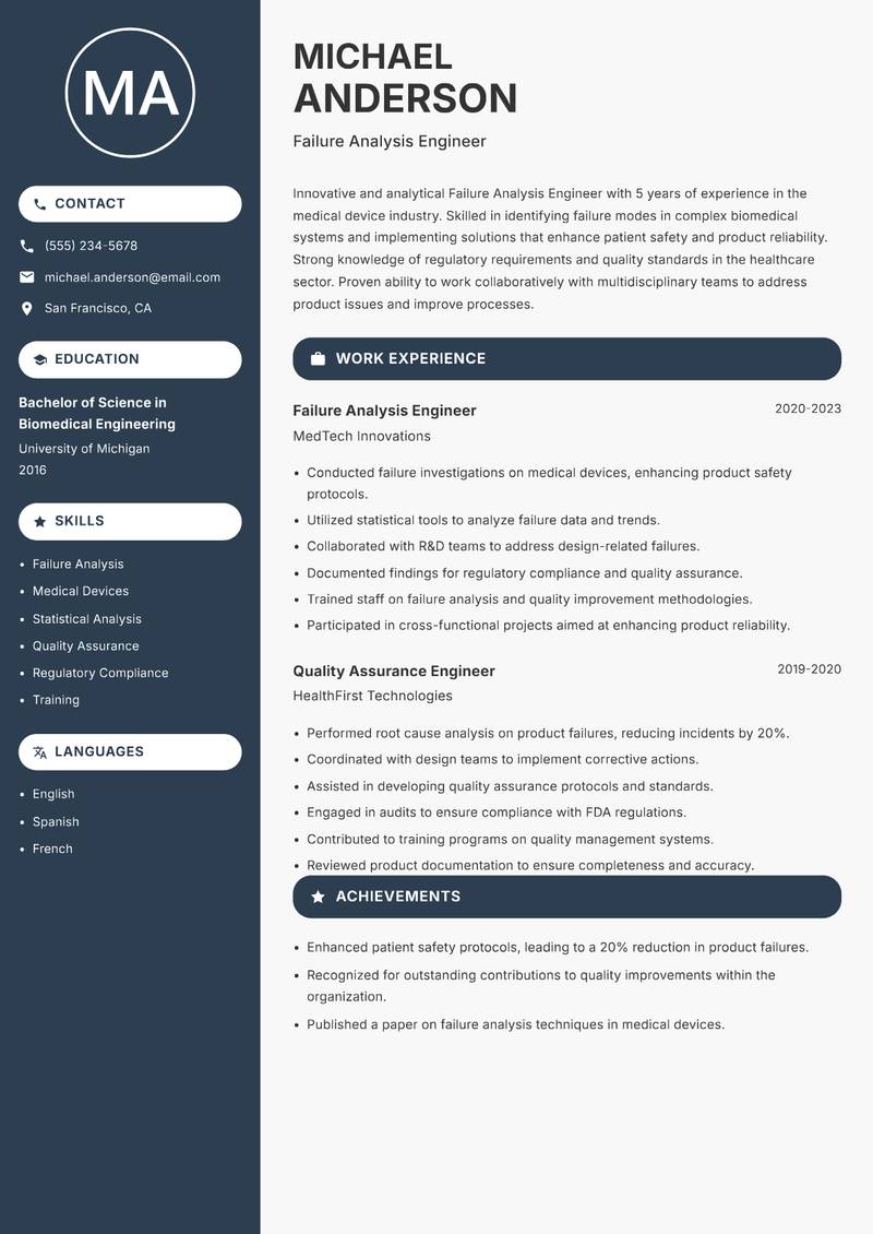 Failure Analysis Engineer resume sample — Failure Analysis Engineer focus